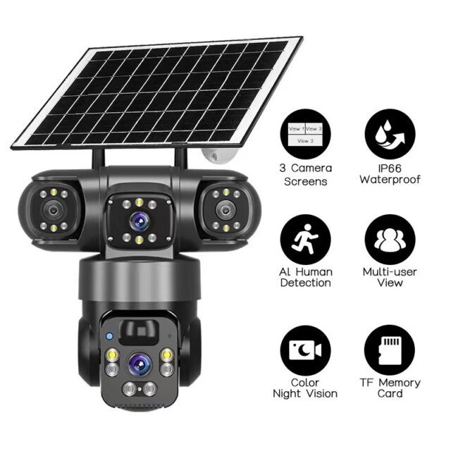Triple-Lens Solar 4G Smart Security CCTV Camera with PTZ & Night Vision